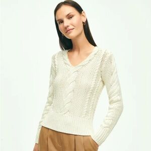 Brooks Brothers Ivory Cream Cotton Multi-Cable V-Neck Sweater, Medium